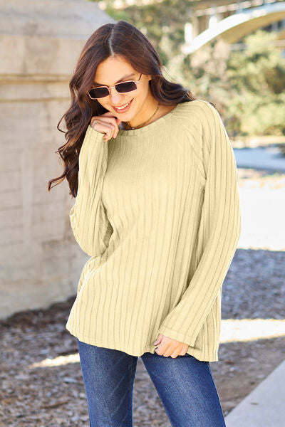 Basic Bae Full Size Ribbed Round Neck Long Sleeve Knit Top - TRENDMELO