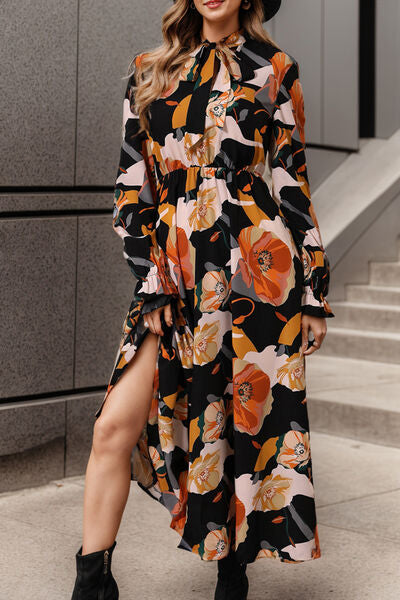 Printed Tie Neck Flounce Sleeve Dress - TRENDMELO