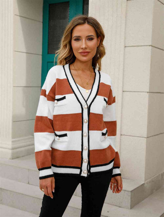 Color Block V-Neck Long Sleeve Cardigan - TRENDMELO