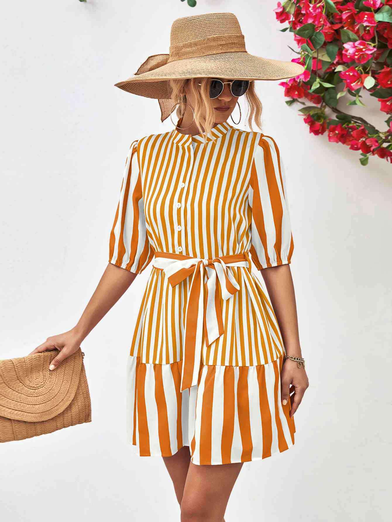 Striped Half Sleeve Tie Waist Mini Dress - TRENDMELO