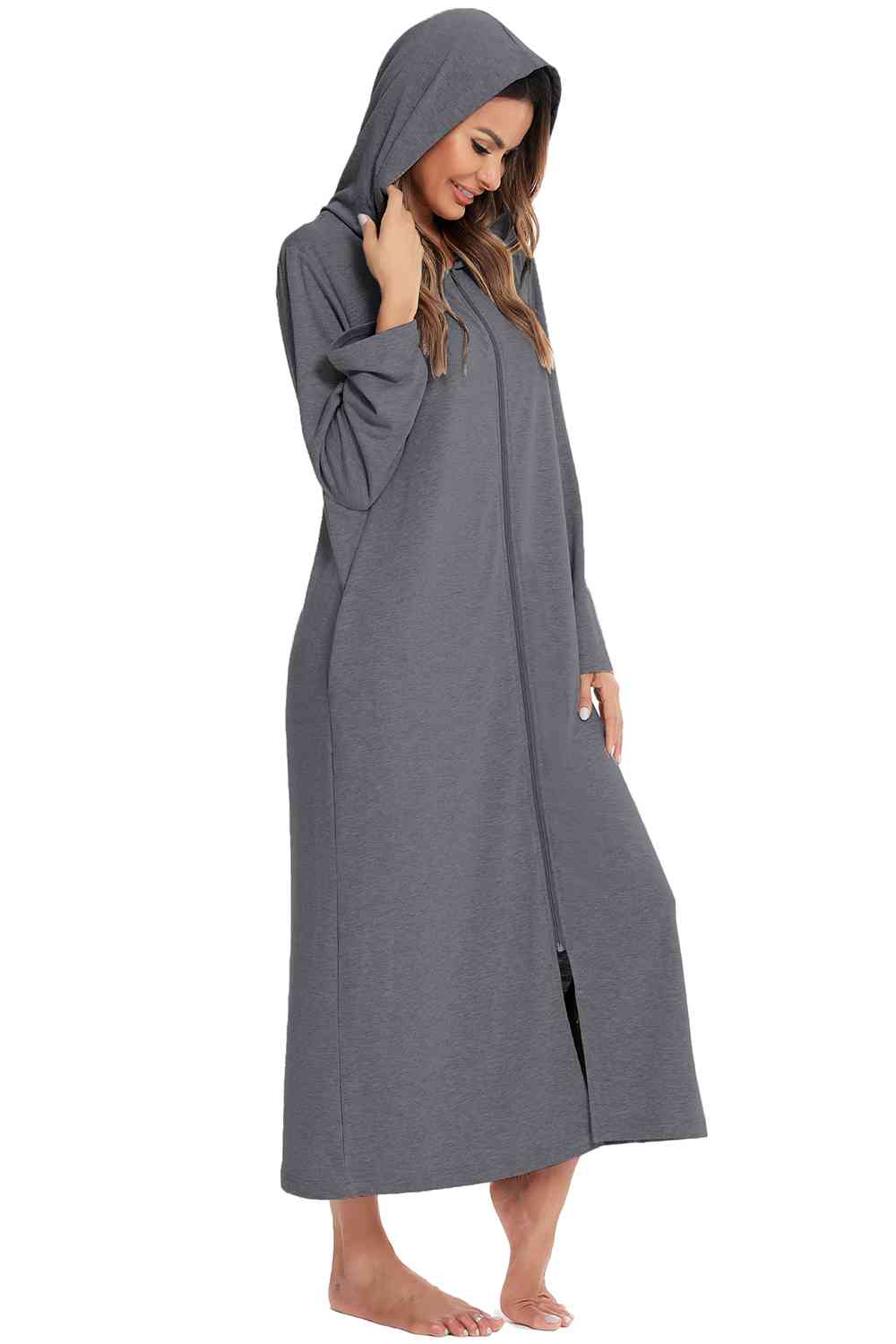 Zip Front Hooded Night Dress with Pockets - TRENDMELO