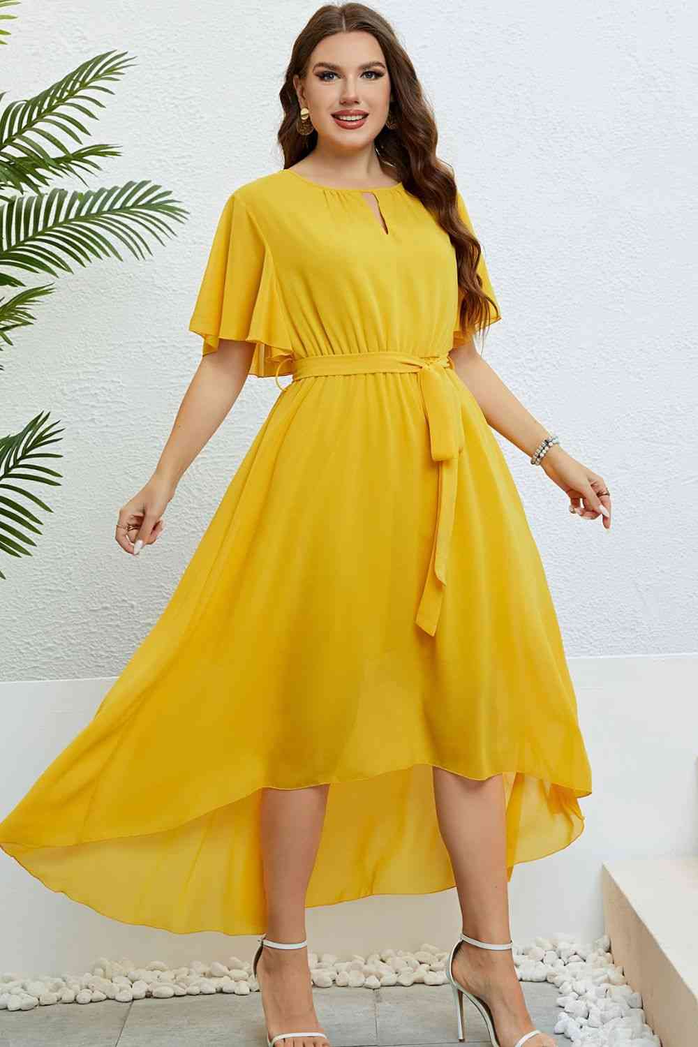 Belted Flutter Sleeve High-Low Dress - TRENDMELO