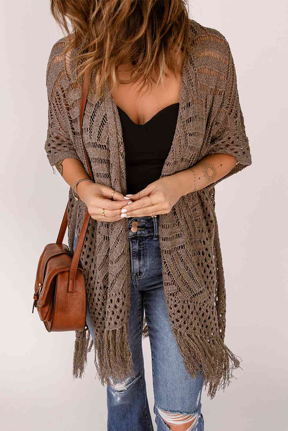 Fringe Hem Slit Open Front Cardigan - TRENDMELO