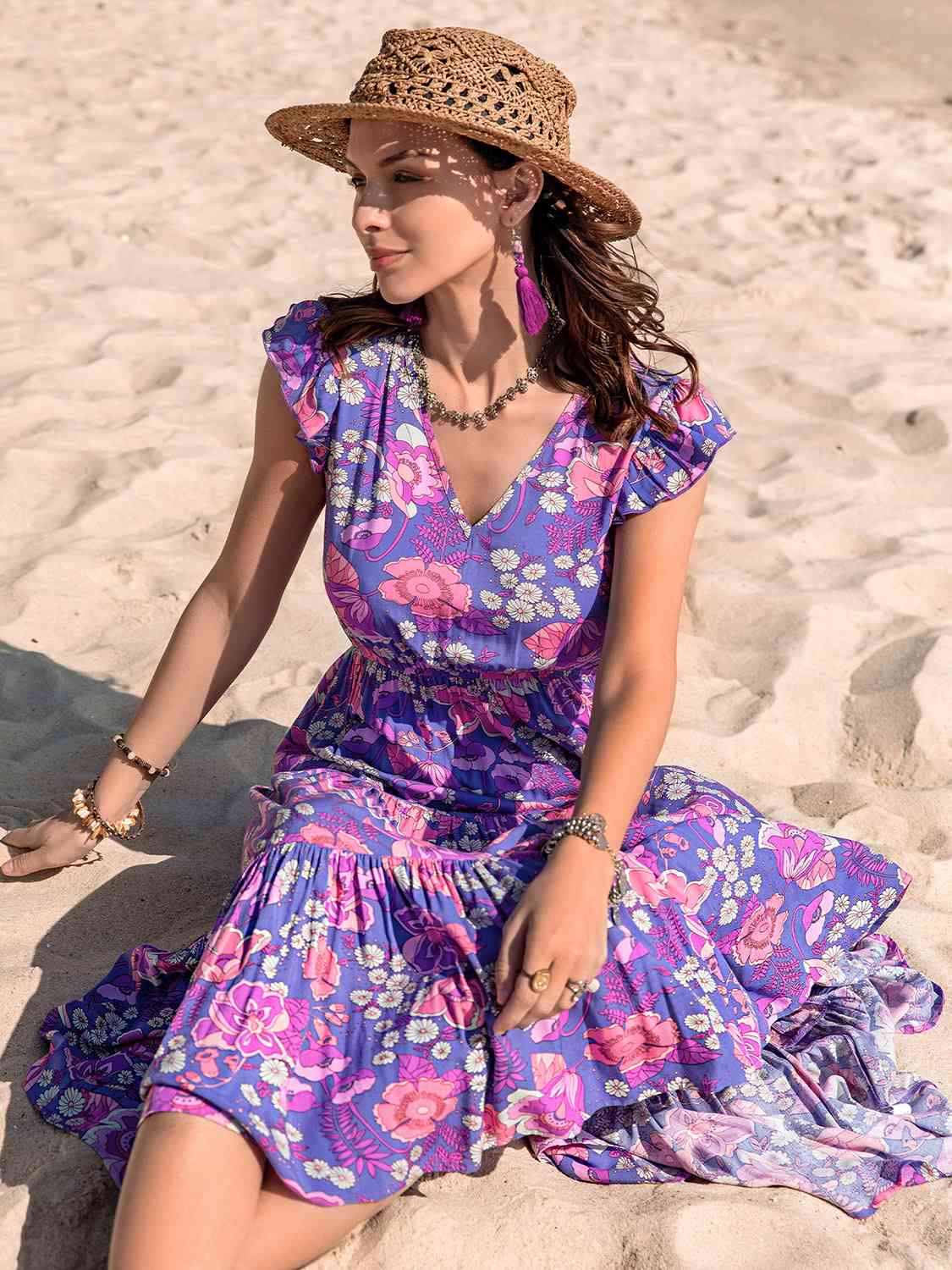 Printed V-Neck Midi Dress - TRENDMELO