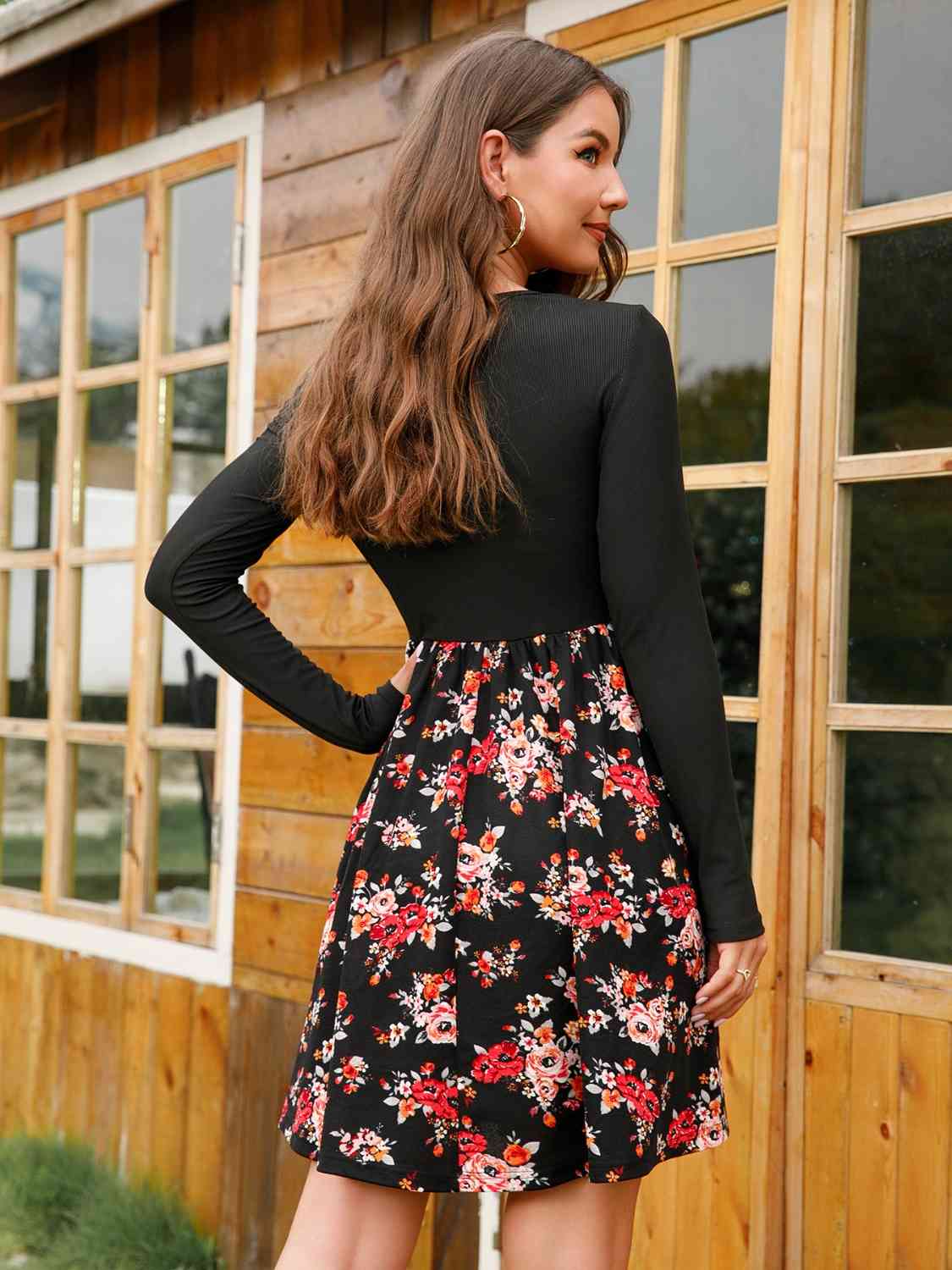 Floral Buttoned Long Sleeve Dress - TRENDMELO