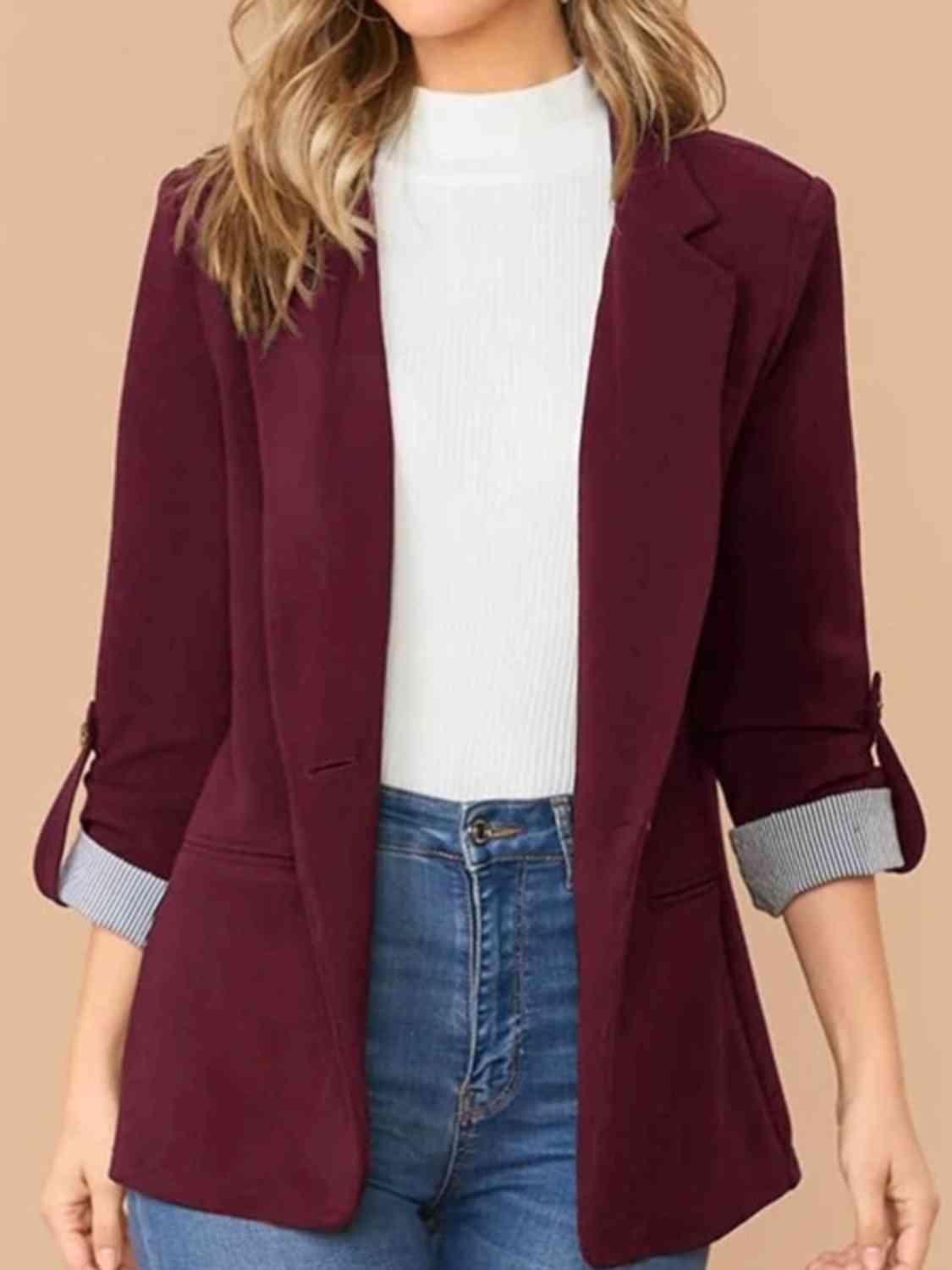 Lapel Collar Roll-Tab Sleeve Blazer - TRENDMELO