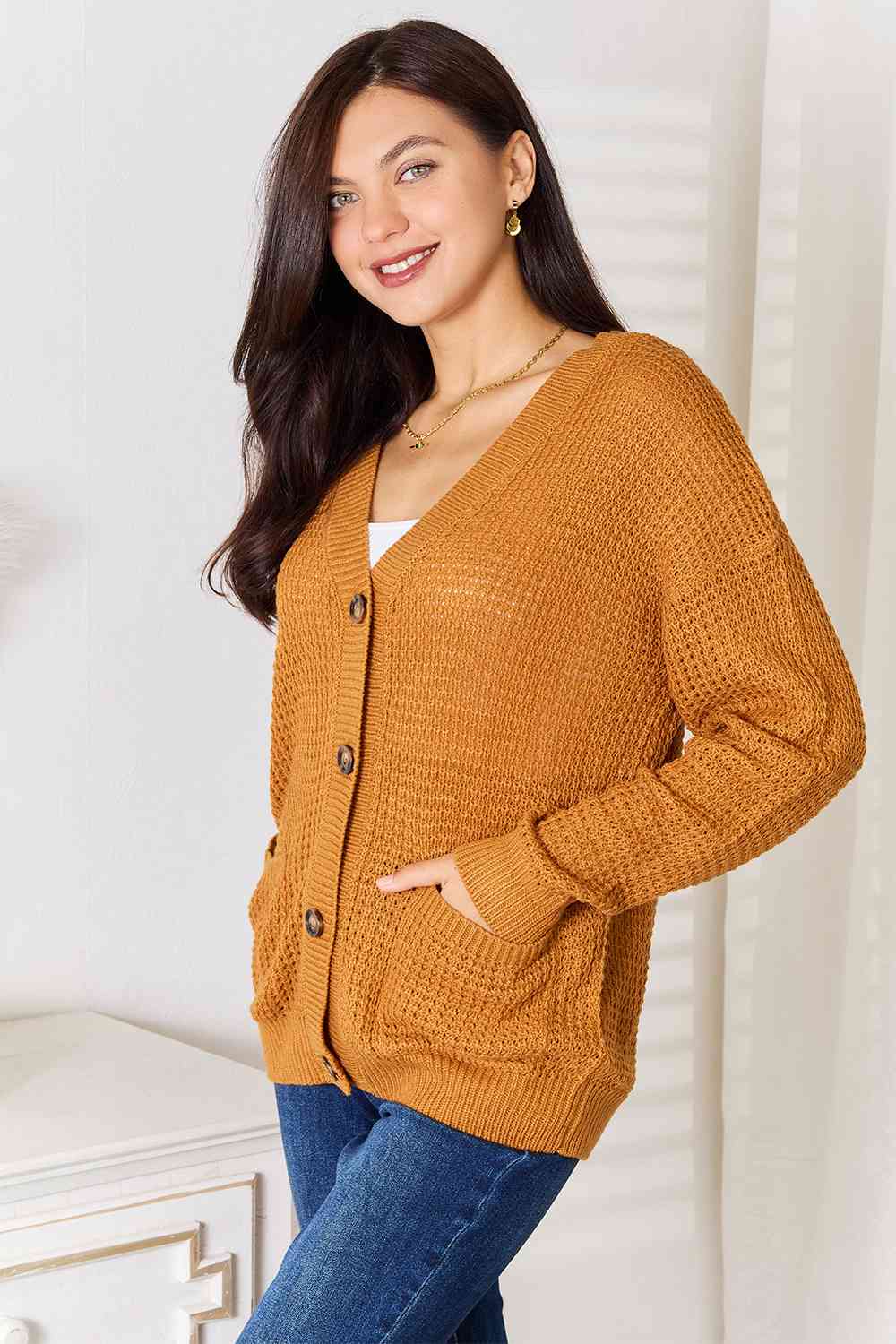 Double Take Drop Shoulder Button Down Cardigan with Pockets - TRENDMELO