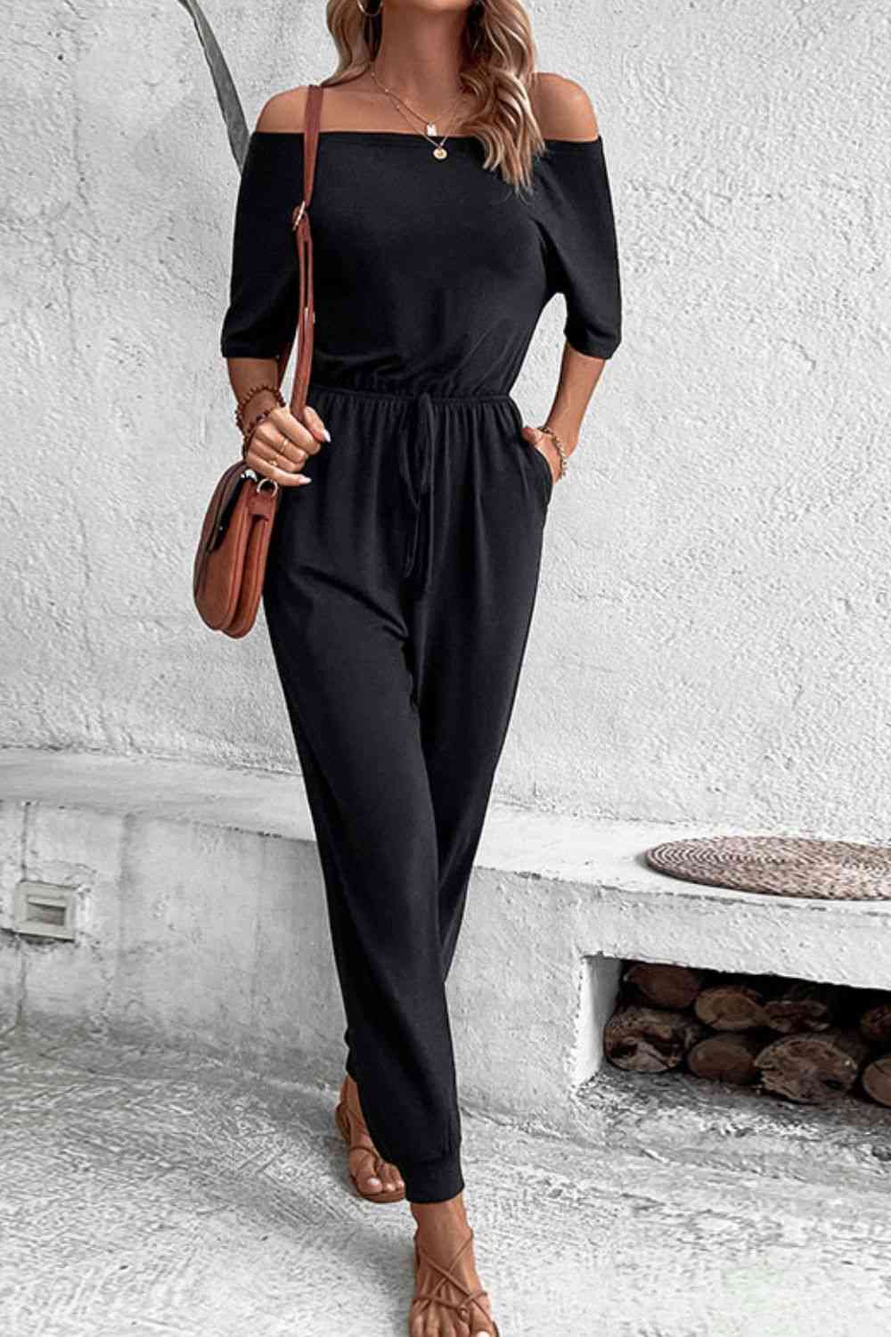 Off-Shoulder Jumpsuit with Pockets - TRENDMELO