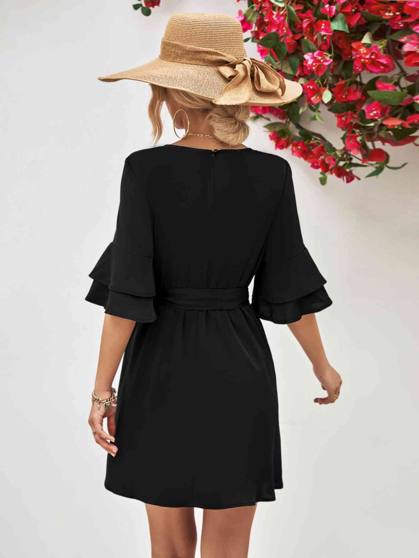 Round Neck Tie Belt Flounce Sleeve Dress - TRENDMELO