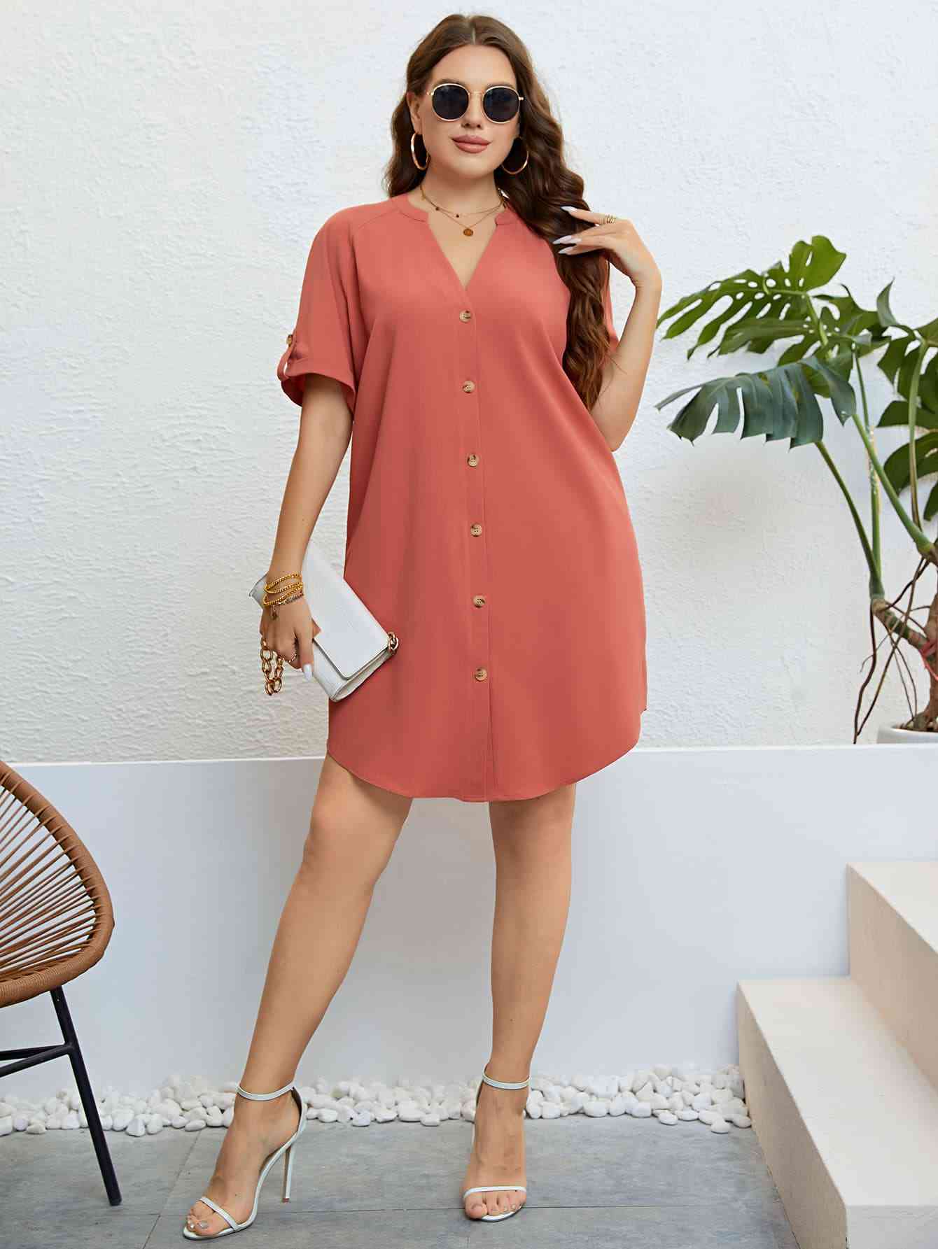 Plus Size Buttoned Notched Neck Shift Dress - TRENDMELO