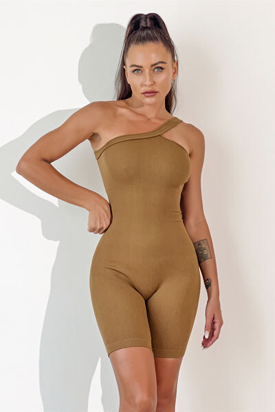 Asymmetrical Neck Wide Strap Active Romper - TRENDMELO