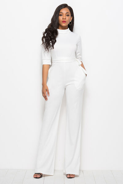 Mock Neck Tie-Waist Half Sleeve Jumpsuit - TRENDMELO