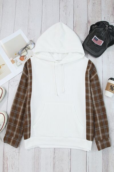 Plaid Waffle-Knit Drawstring Kangaroo Pocket Hoodie - TRENDMELO