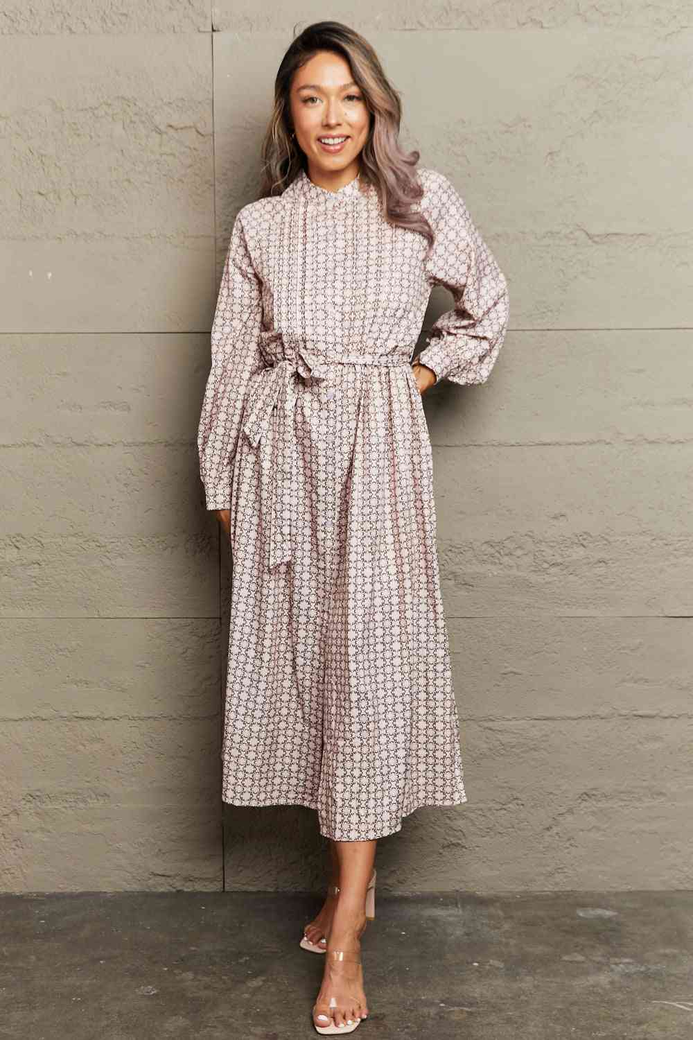 Printed Tie Waist Long Sleeve Dress - TRENDMELO