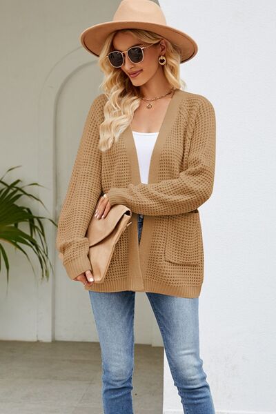 Open Front Raglan Sleeve Pocketed Cardigan - TRENDMELO