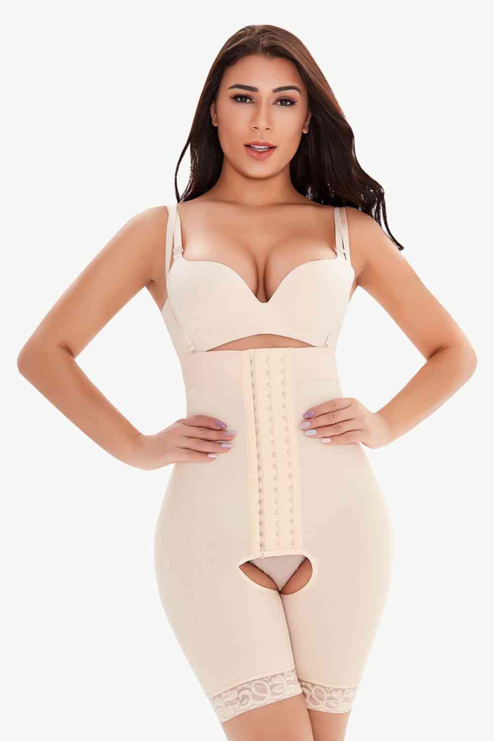 Full Size Hook-and-Eye Lace Trim Shaping Bodysuit - TRENDMELO