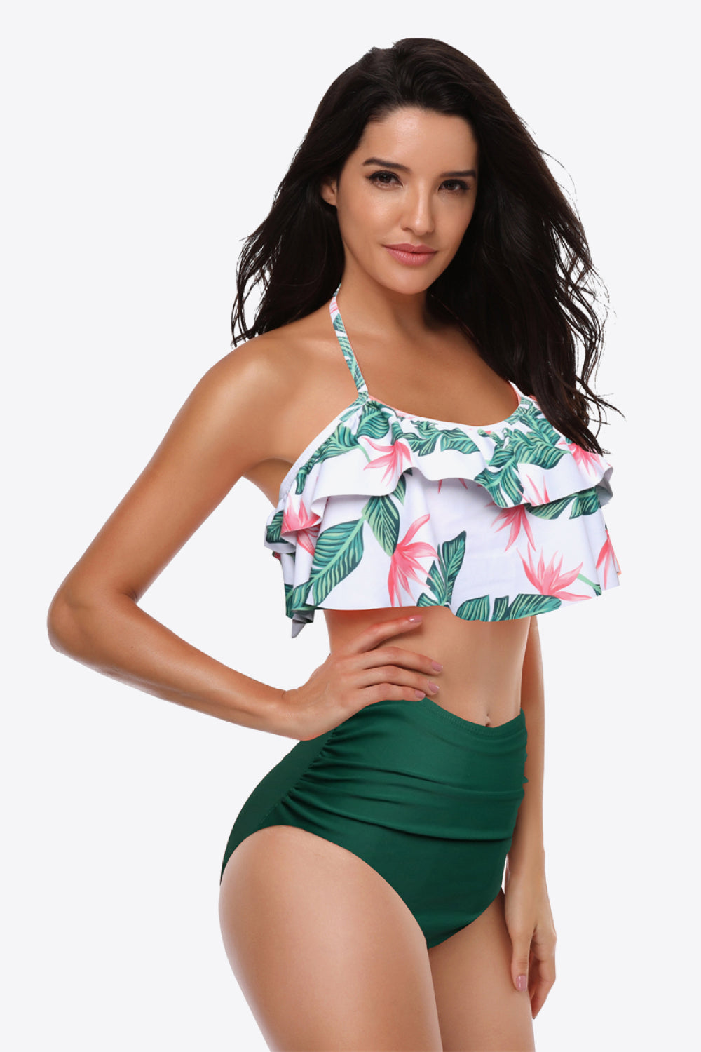 Two-Tone Ruffled Halter Neck Two-Piece Swimsuit - TRENDMELO