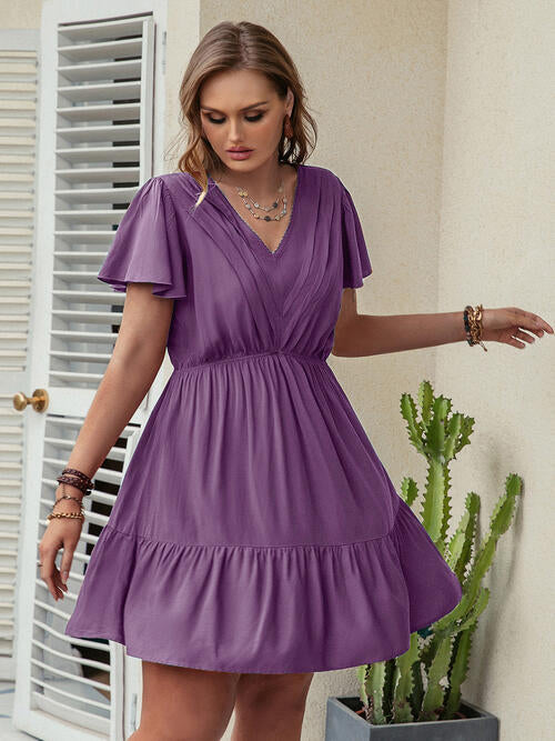 Double Take Plus Size Ruffle Hem V-Neck Short Sleeve Dress - TRENDMELO