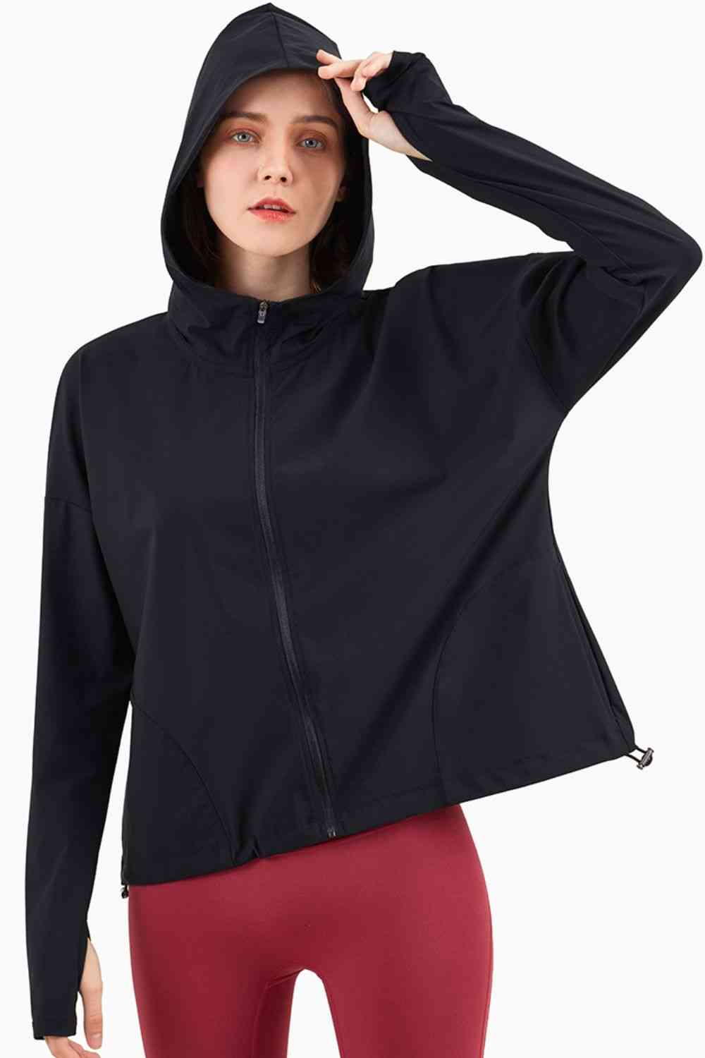 Thumbhole Sleeve Hooded Sports Jacket - TRENDMELO