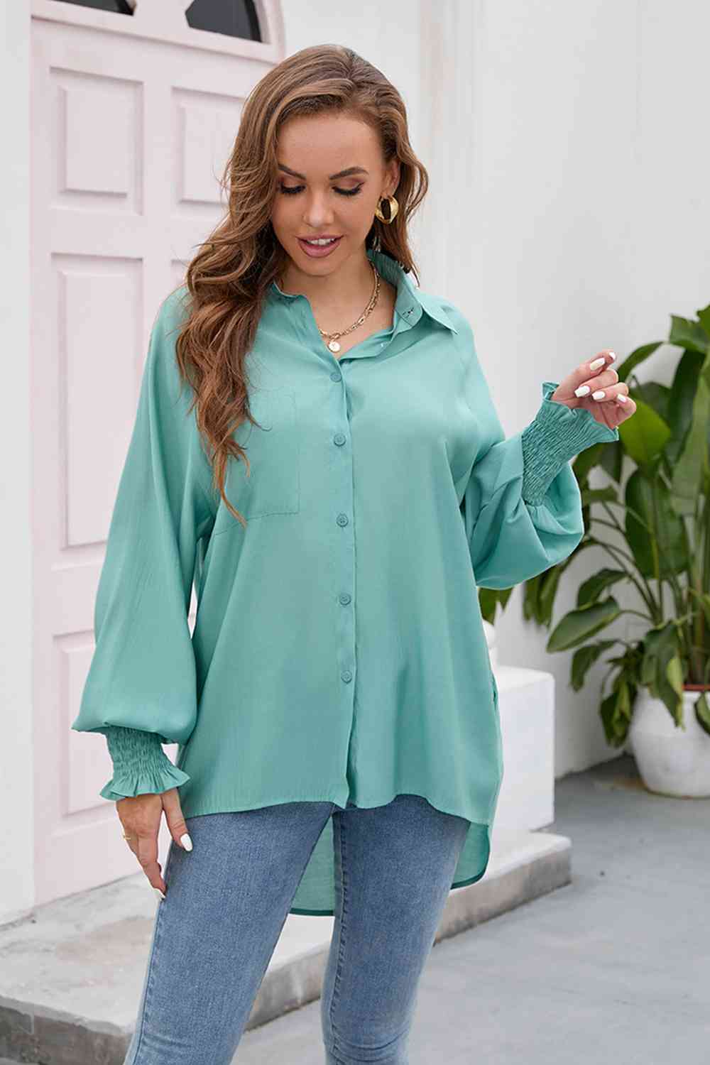 High-Low Collared Neck Lantern Sleeve Shirt - TRENDMELO