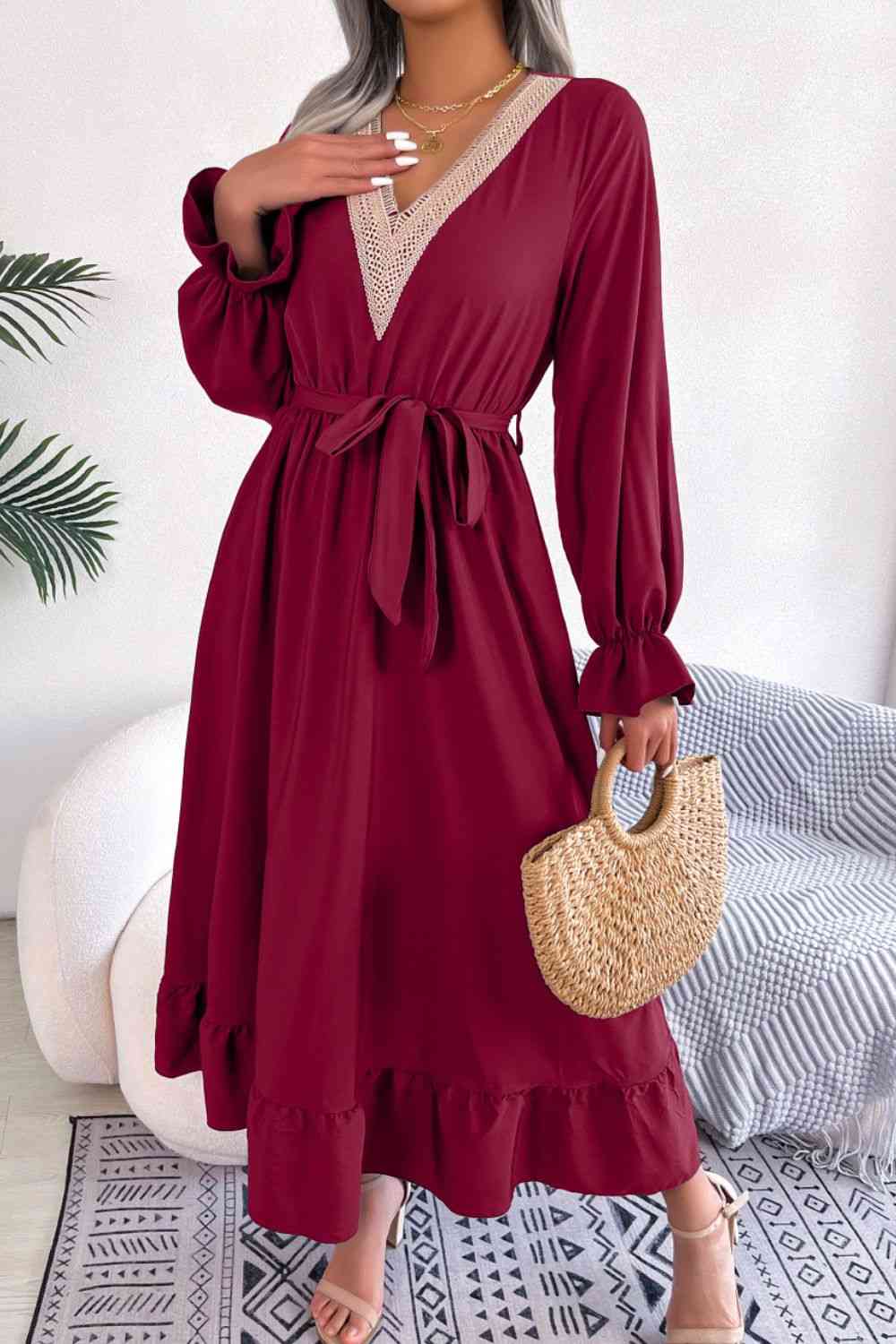 Contrast Belted Flounce Sleeve Dress - TRENDMELO