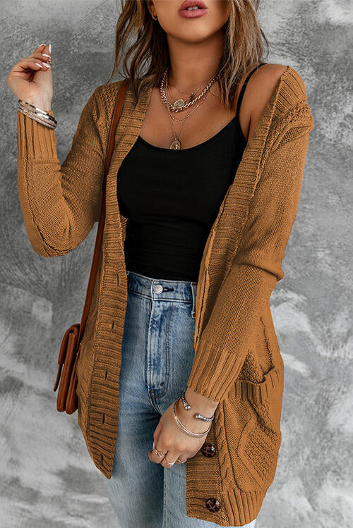 Cable Knit Button Up Long Sleeve Cardigan - TRENDMELO