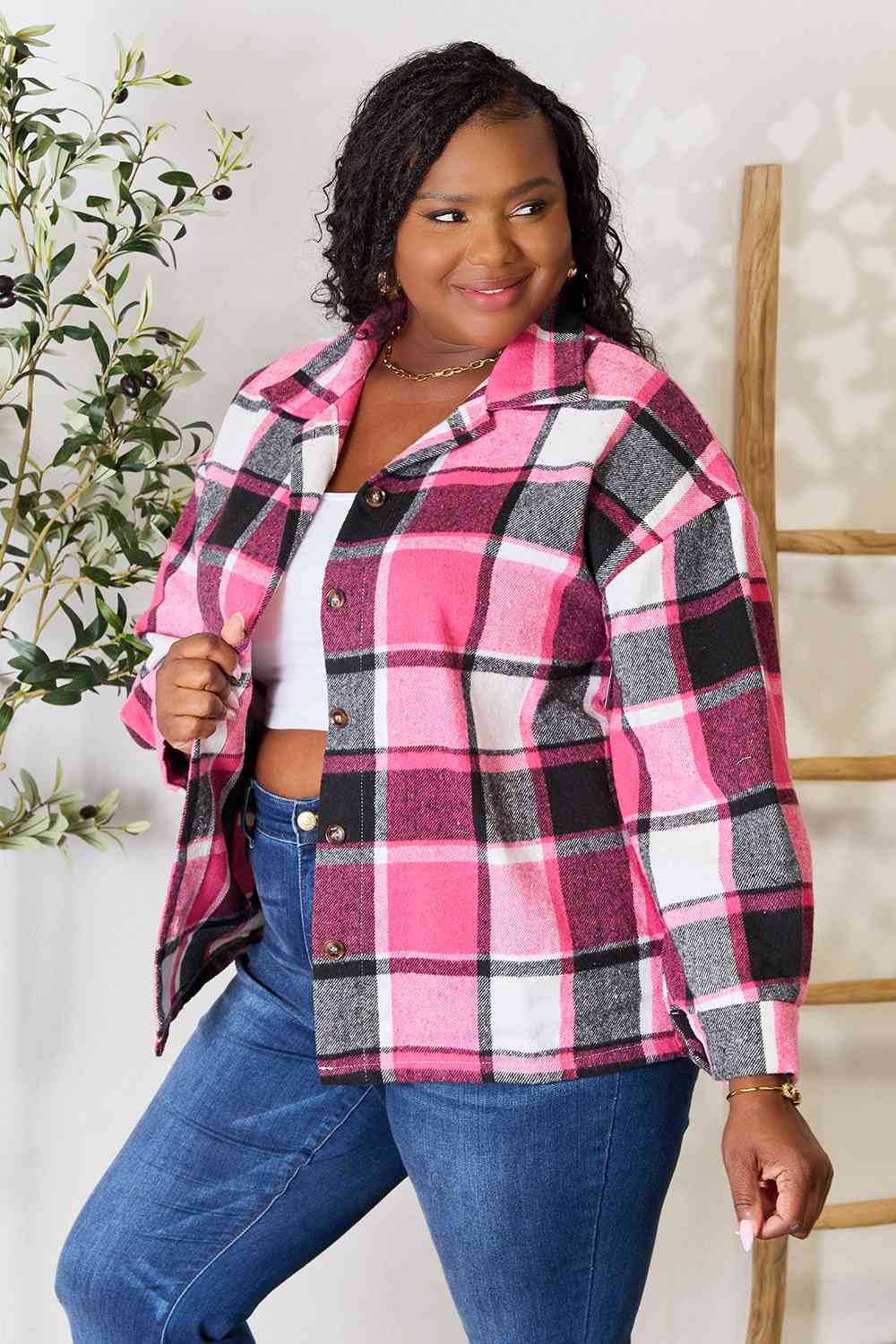 Double Take Plaid Button Up Collared Neck Jacket - TRENDMELO