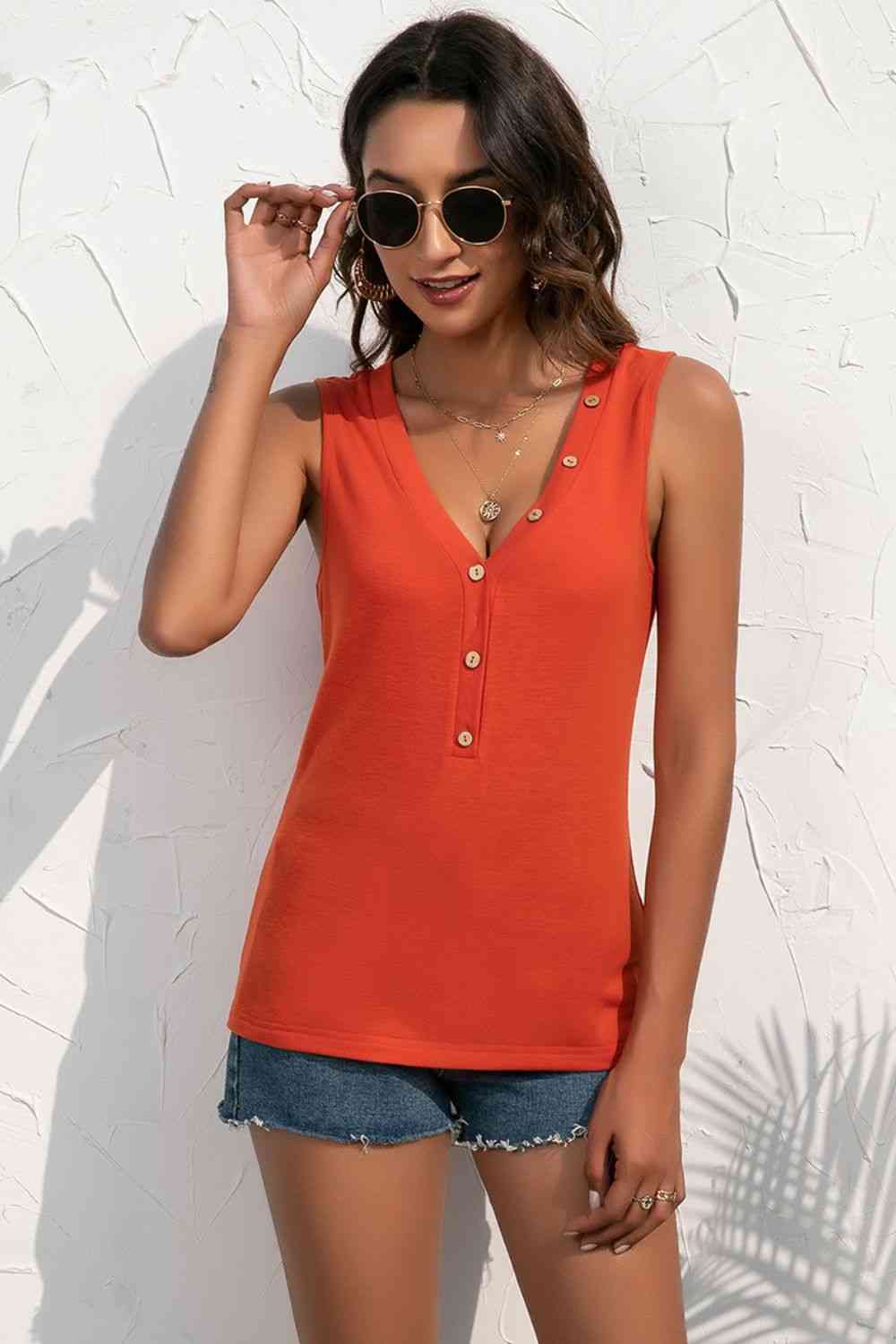 Buttoned Deep V Tank - TRENDMELO