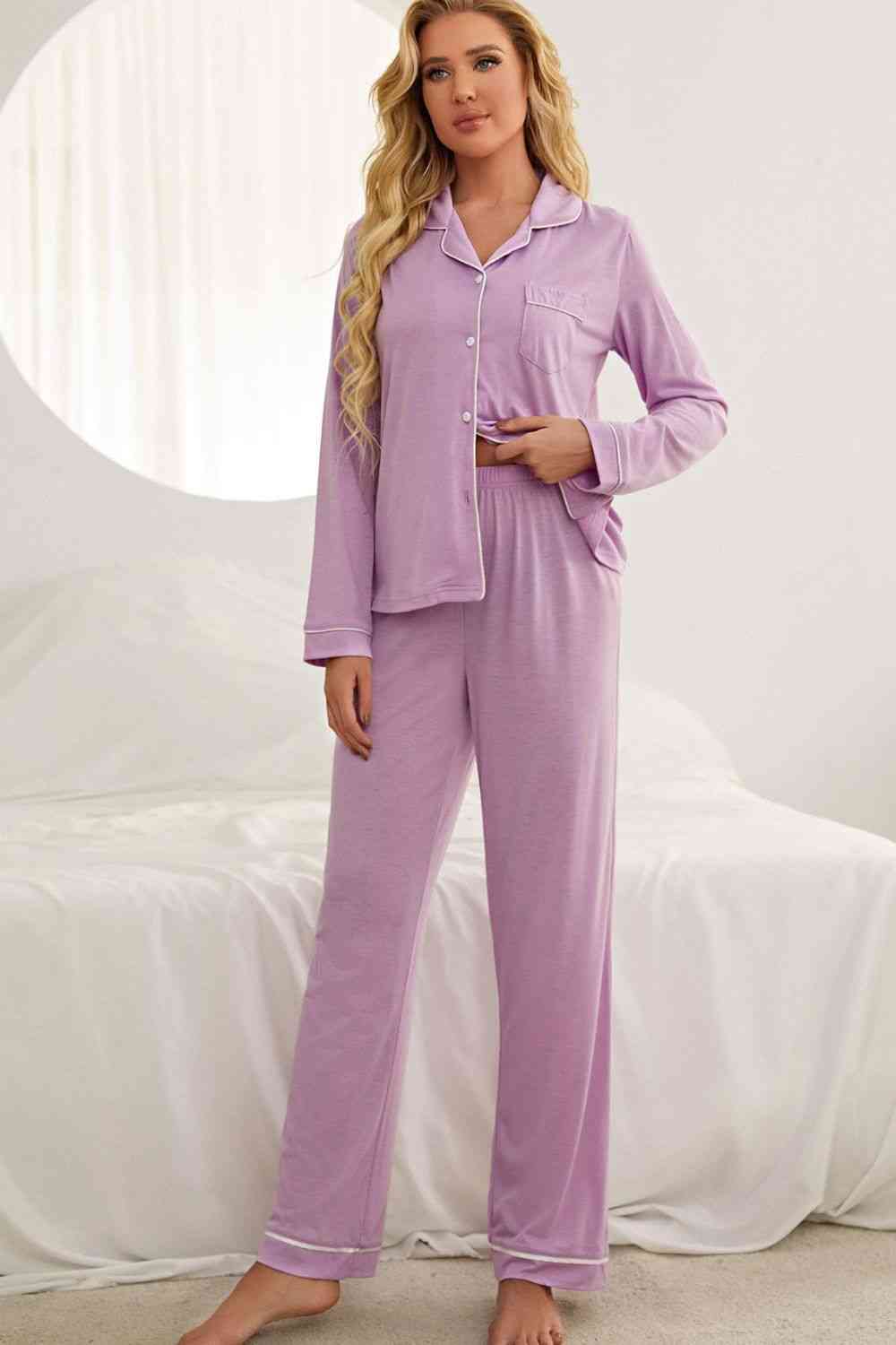 Contrast Piping Button Down Top and Pants Loungewear Set - TRENDMELO