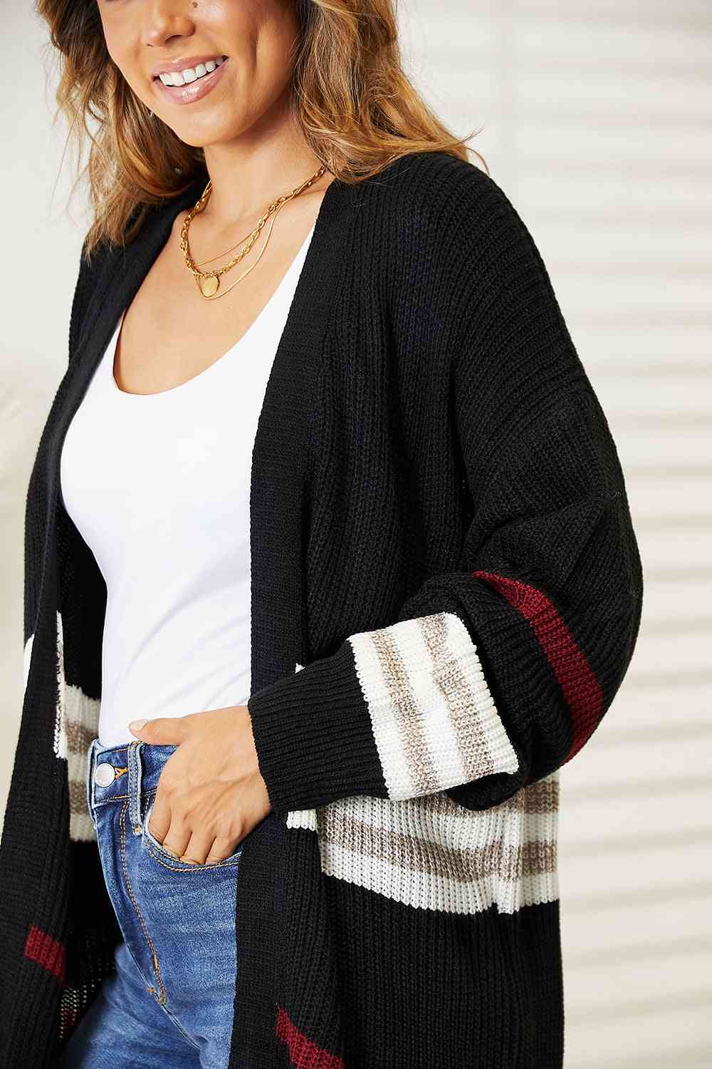 Double Take Striped Rib-Knit Drop Shoulder Open Front Cardigan - TRENDMELO