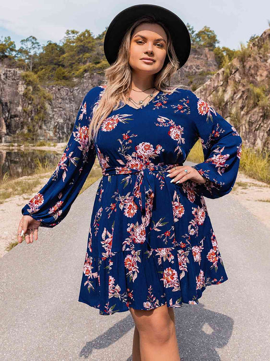 Plus Size V-Neck Long Sleeve Dress - TRENDMELO