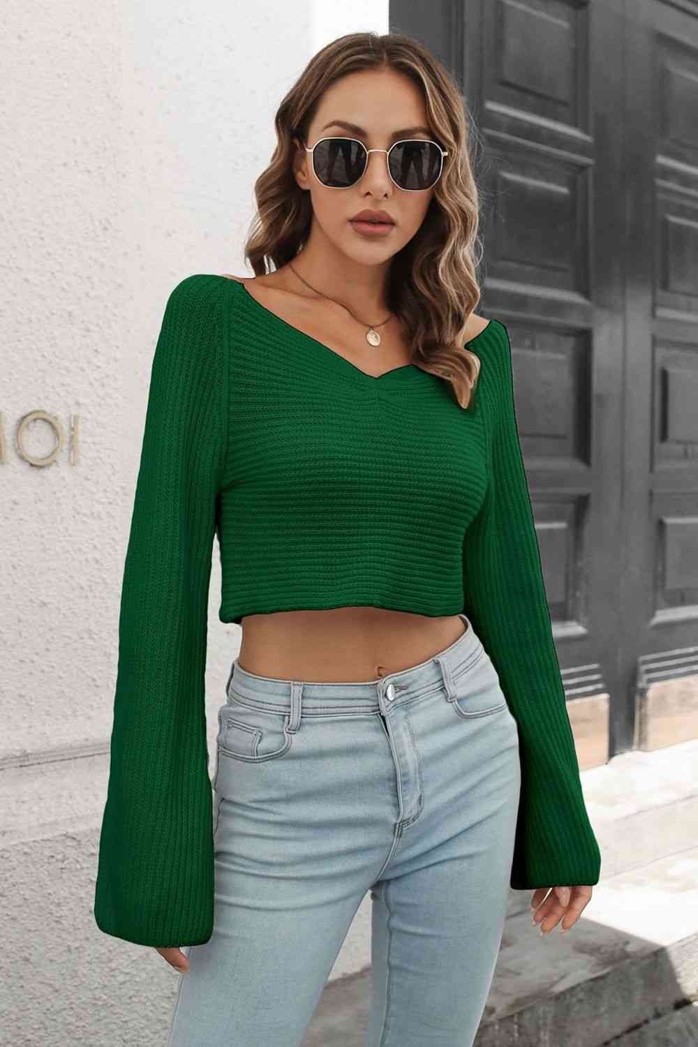 Cropped V-Neck Flare Sleeve Knit Top - TRENDMELO