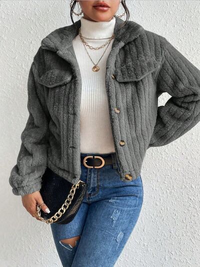 Fuzzy Button Up Collared Neck Jacket - TRENDMELO