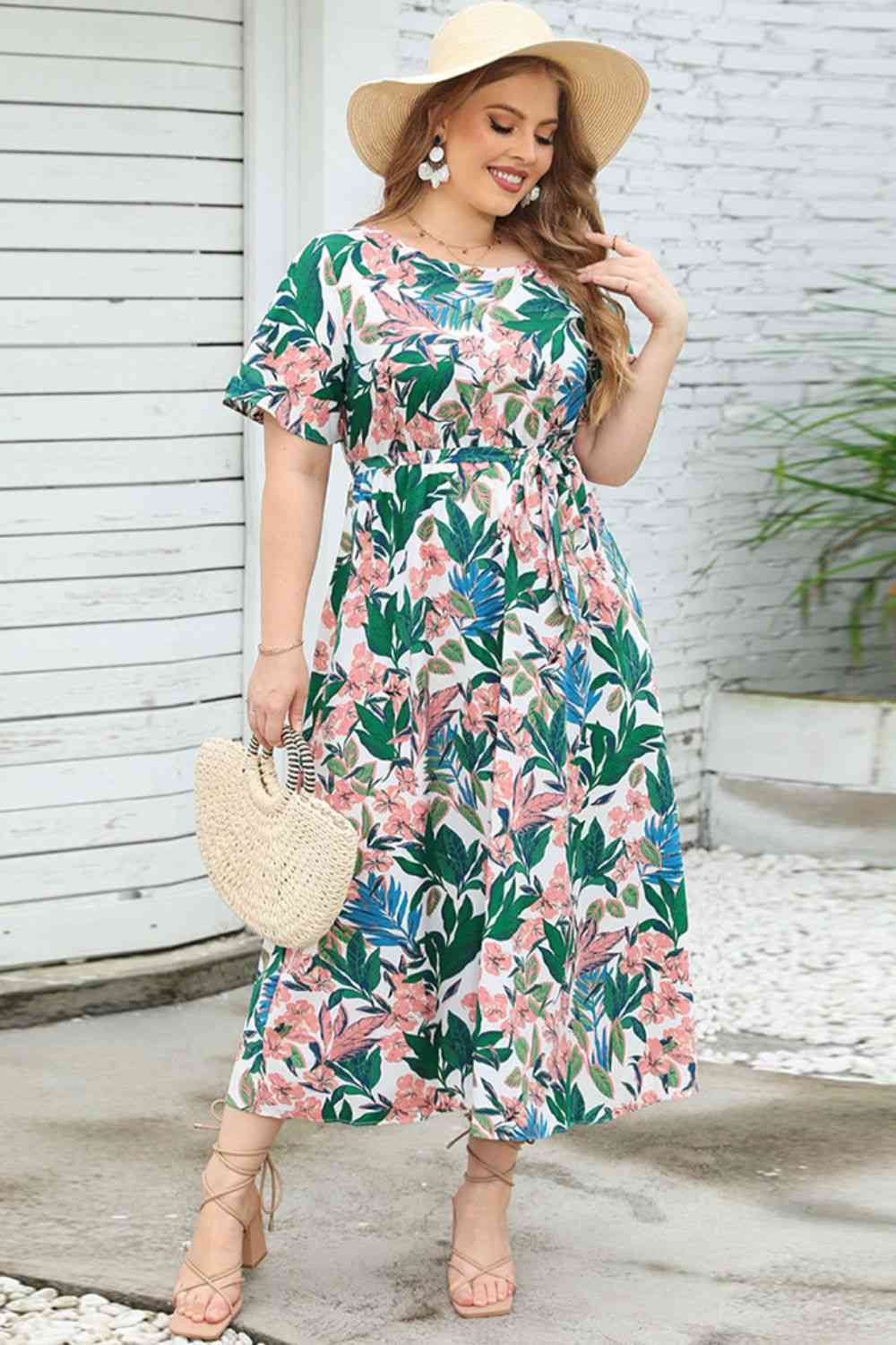 Plus Size Floral Short Sleeve Round Neck Dress - TRENDMELO