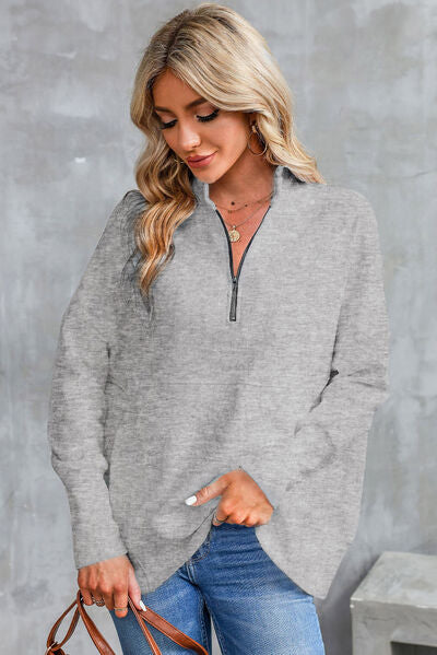 Half Zip Pocketed Dropped Shoulder Sweatshirt - TRENDMELO