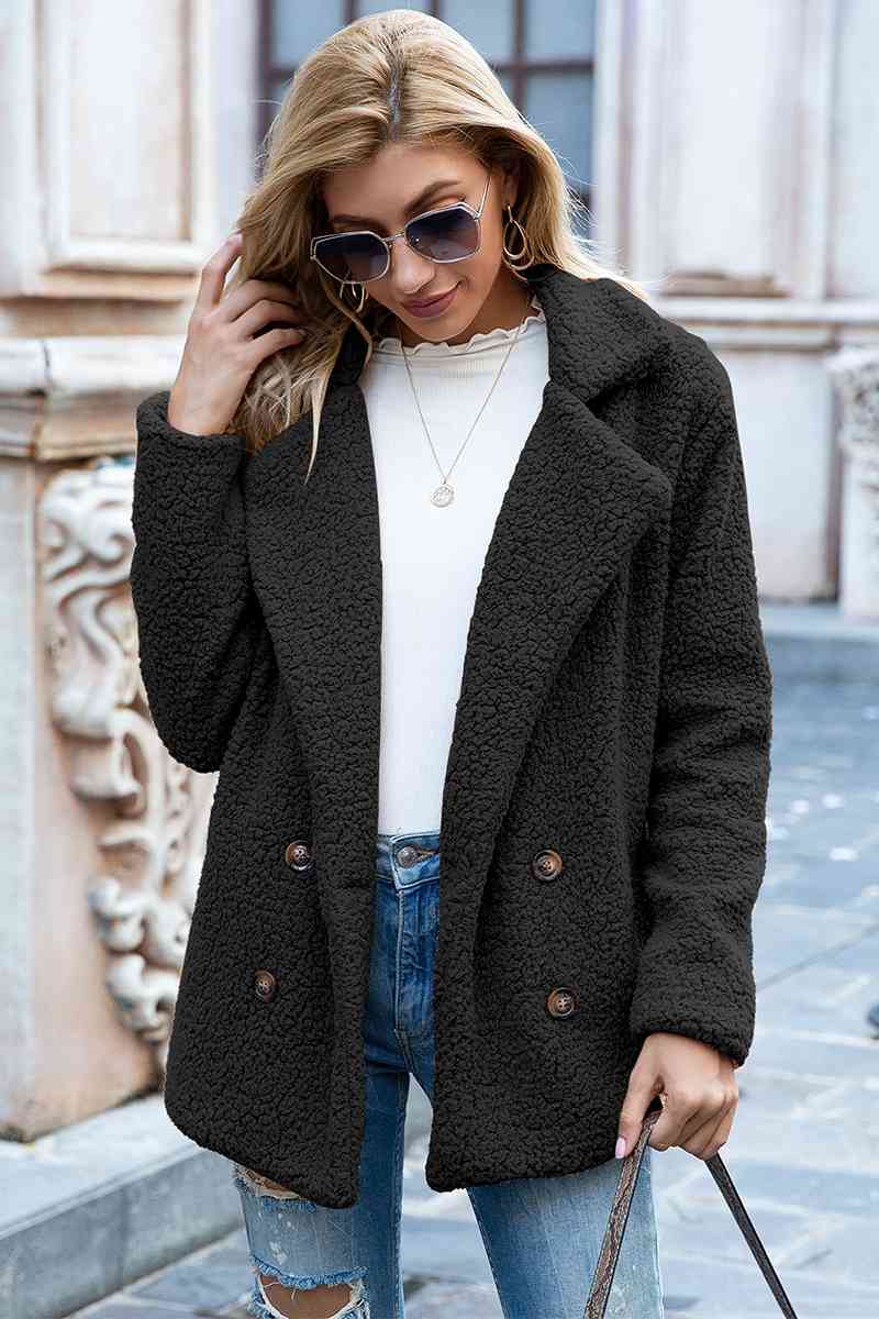 Full Size Lapel Collar Sherpa Coat - TRENDMELO