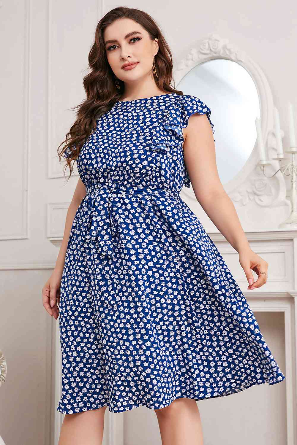 Plus Size Round Neck Tie Waist Dress - TRENDMELO