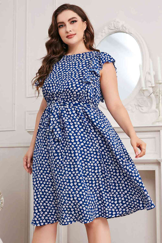 Plus Size Round Neck Tie Waist Dress - TRENDMELO