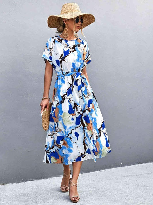 Round Neck Short Sleeve Tie Waist Midi Dress - TRENDMELO