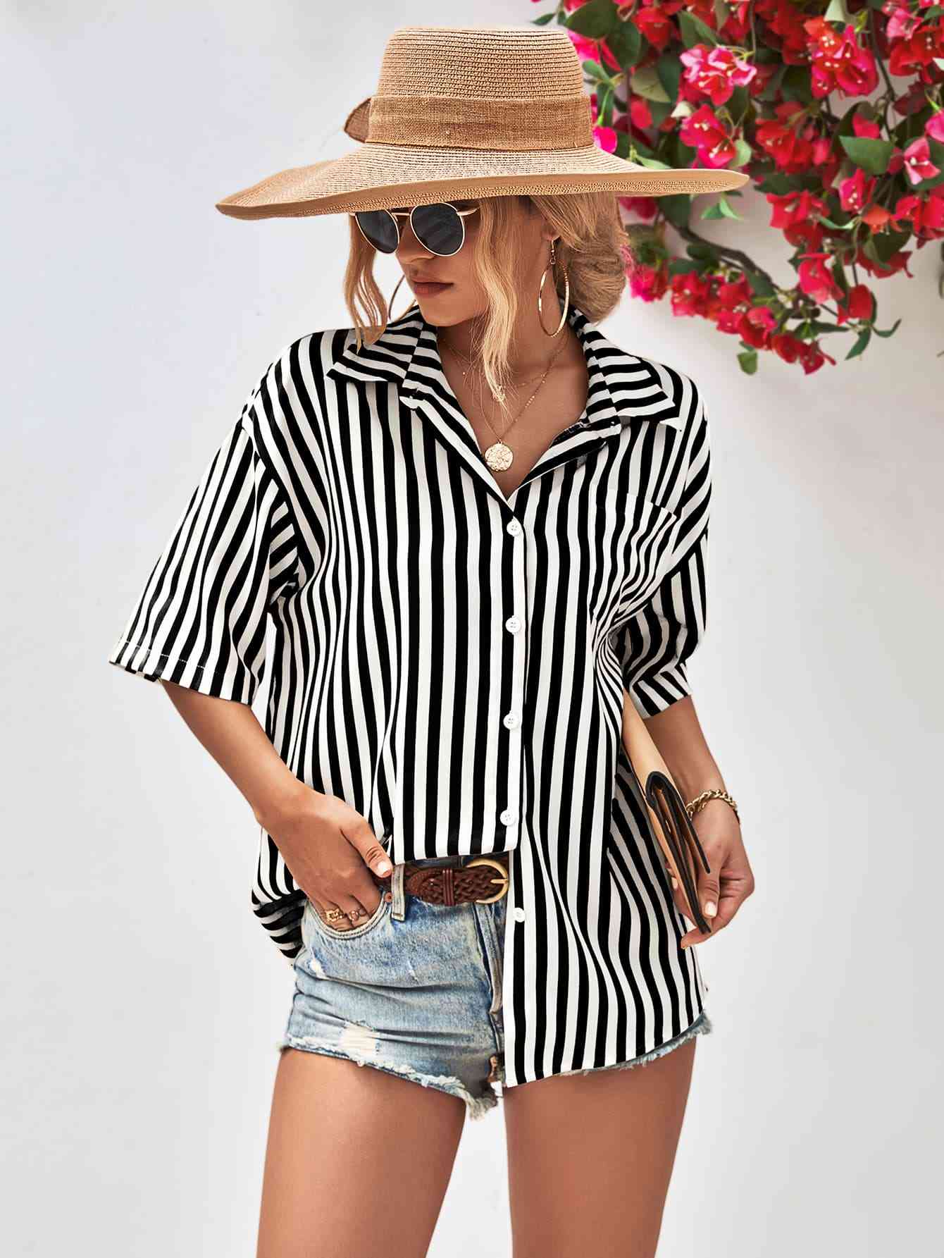 Striped Dropped Shoulder Half Sleeve Shirt - TRENDMELO