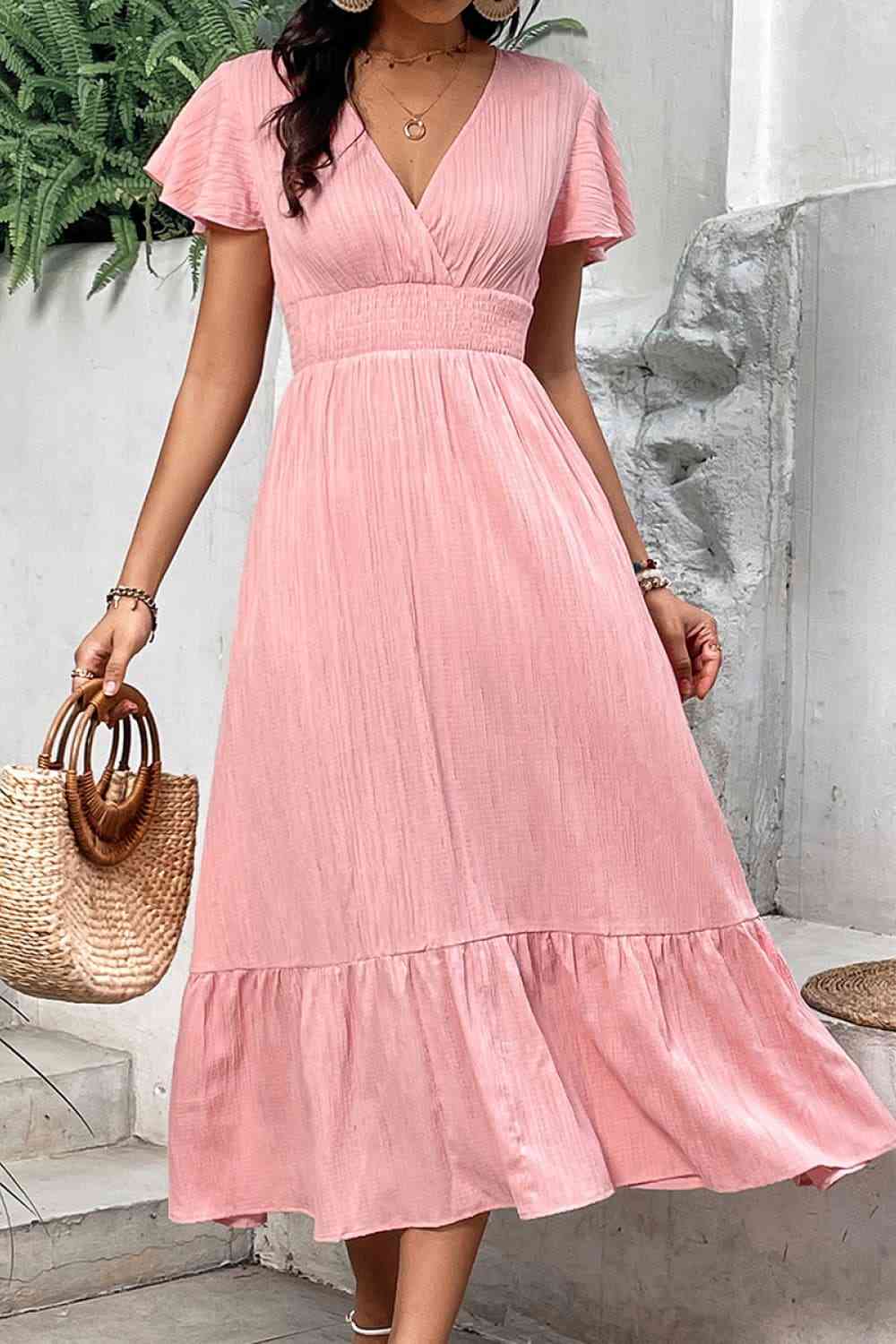 Surplice Neck Smocked Waist Flutter Sleeve Dress - TRENDMELO