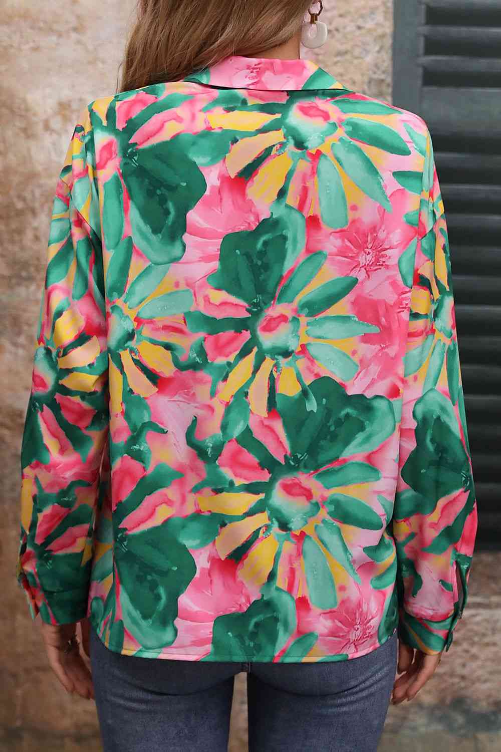 Floral Print Collared Neck Long Sleeve Shirt - TRENDMELO