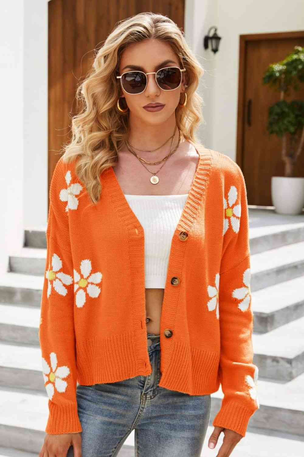 Floral Ribbed Trim Drop Shoulder Cardigan - TRENDMELO