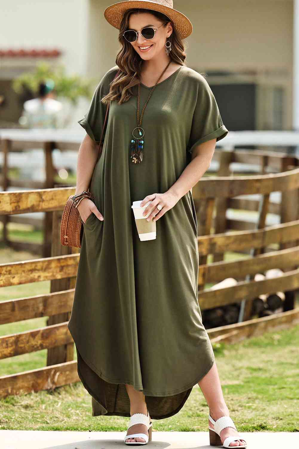 Plus Size V-Neck Short Sleeve Maxi Dress - TRENDMELO