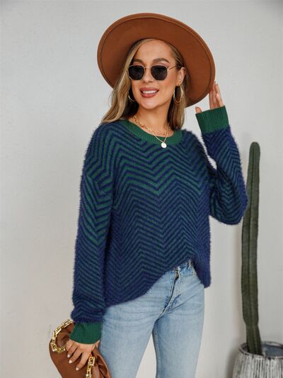 Striped Round Neck Dropped Shoulder Sweater - TRENDMELO