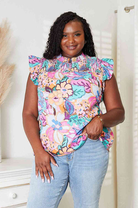 Double Take Floral Smocked Flutter Sleeve Top - TRENDMELO