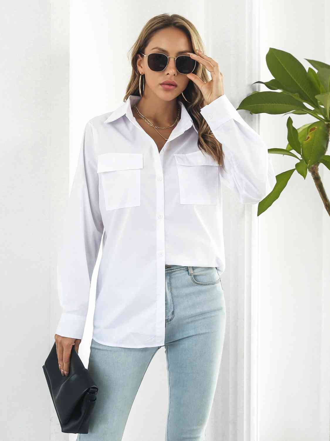 Collared Neck Buttoned Shirt with Pockets - TRENDMELO