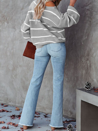 Striped Dropped Shoulder Pullover Sweater - TRENDMELO