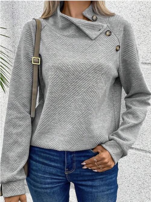 Buttoned Mock Neck Long Sleeve Sweatshirt - TRENDMELO