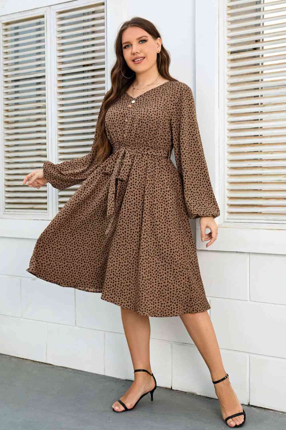 Plus Size Printed V-Neck Balloon Sleeve Tie Waist Dress - TRENDMELO